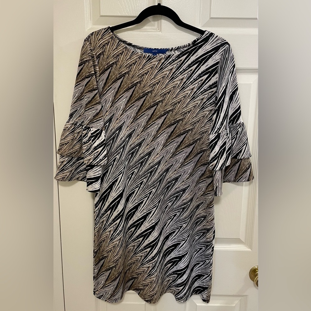 APT. 9 Lightweight Printed Dress with 3/4 Length Ruffled Bell Sleeves.